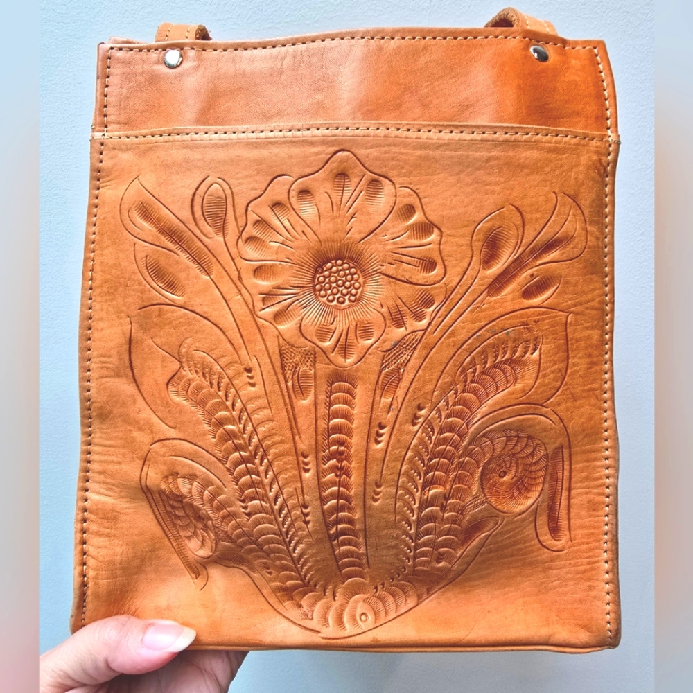 🍄Vintage Hand Tooled Leather Pony Hair Fur Shoulder Bag Grants Natural Paraguay
